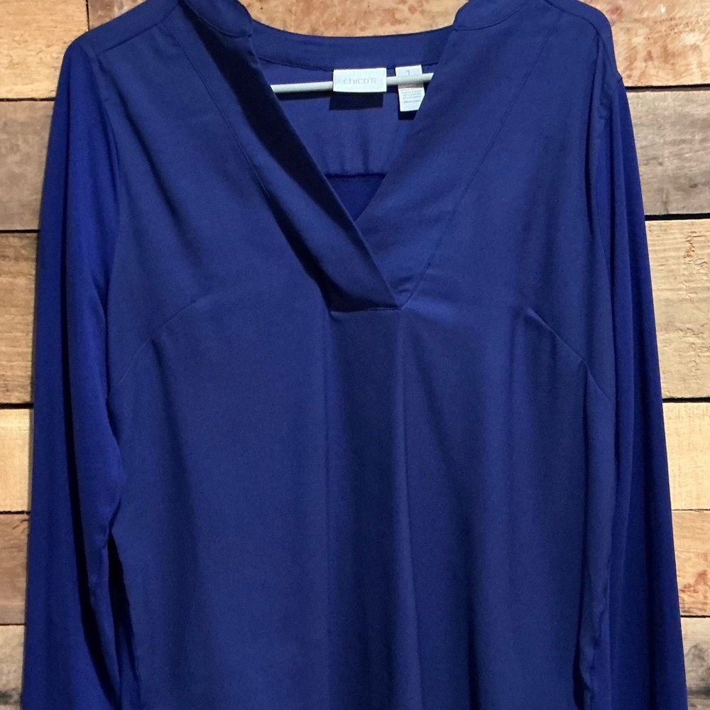 Chico’s‎ 1 Satin Top Vneck Tunic Elegant Quiet Luxury Glam Holidays Flowy Chic